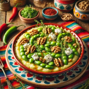 Tuinbonen-walnoten stamppot met geitenkaas en honing, gemaakt van kruimige aardappelpuree gemengd met tuinbonen, gehakte walnoten, verse tijm en een vleugje honing. Geserveerd in een kleurrijke schaal en gegarneerd met extra geitenkaas, walnoten en tijm. Een smaakvol en romig vegetarisch gerecht.