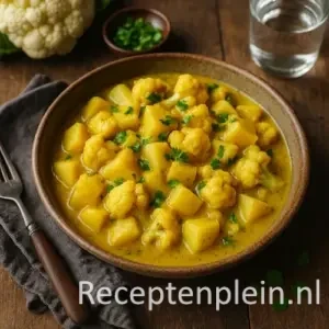 Romige aardappel-bloemkoolcurry met kokosmelk en koriander in een kom op een houten tafel, met naanbrood, waterglas en verse kruiden rondom.