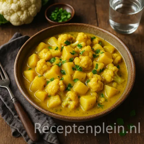 Romige aardappel-bloemkoolcurry met kokosmelk en koriander in een kom op een houten tafel, met naanbrood, waterglas en verse kruiden rondom.