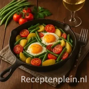 Aardappel-bonenpannetje met ei, sperziebonen en tomaat in een gietijzeren pan op een houten tafel met een glas Sauvignon Blanc, servet en verse groenten ernaast.