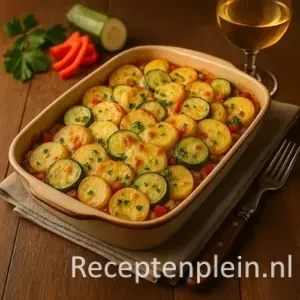 Romige aardappel-courgetteschotel met paprika en gesmolten kaas in een ovenschaal, geserveerd op een houten tafel met bestek, courgette, paprika en een glas witte wijn.