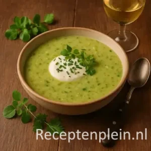 Romige aardappel-doperwtensoep met crème fraîche, verse kruiden en een glas Sauvignon Blanc op een robuuste houten tafel.