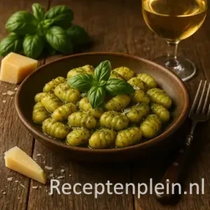 Zelfgemaakte aardappel gnocchi met pesto en verse basilicum, geserveerd op een robuuste houten tafel met Parmezaanse kaas, een houten lepel met pesto en een glas Pinot Grigio ernaast