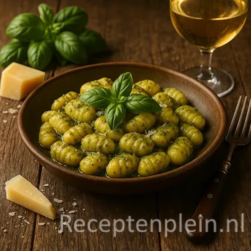 Zelfgemaakte aardappel gnocchi met pesto en verse basilicum, geserveerd op een robuuste houten tafel met Parmezaanse kaas, een houten lepel met pesto en een glas Pinot Grigio ernaast