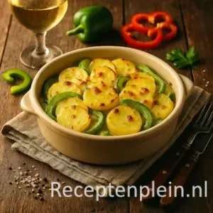 Aardappel-groentegratin met paprika en gesmolten kaas in een ovenschaal op een robuuste, donkere houten tafel met een glas Verdejo witte wijn, verse paprika, bestek en een linnen servet ernaast.