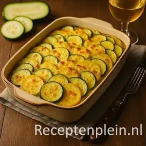 Aardappel-courgettegratin met gesmolten Gruyère, gebakken tot goudbruin, in een ovenschaal op een houten tafel met een glas Chardonnay, een vork en verse courgette ernaast.