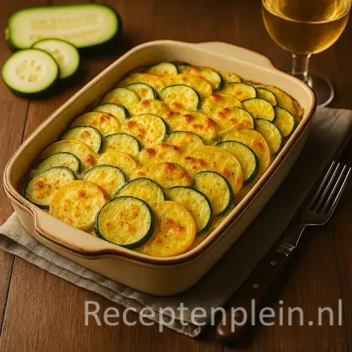 Aardappel-courgettegratin met gesmolten Gruyère, gebakken tot goudbruin, in een ovenschaal op een houten tafel met een glas Chardonnay, een vork en verse courgette ernaast.