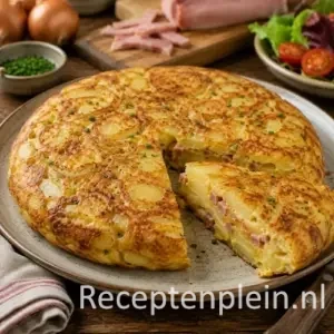 Aardappel hamtortilla recept op een rustieke houten tafel
