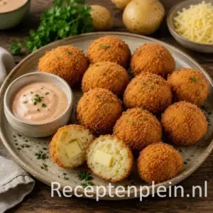 Aardappel kaasballetjes recept op een rustieke houten tafel