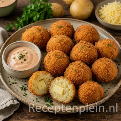 Aardappel kaasballetjes recept op een rustieke houten tafel