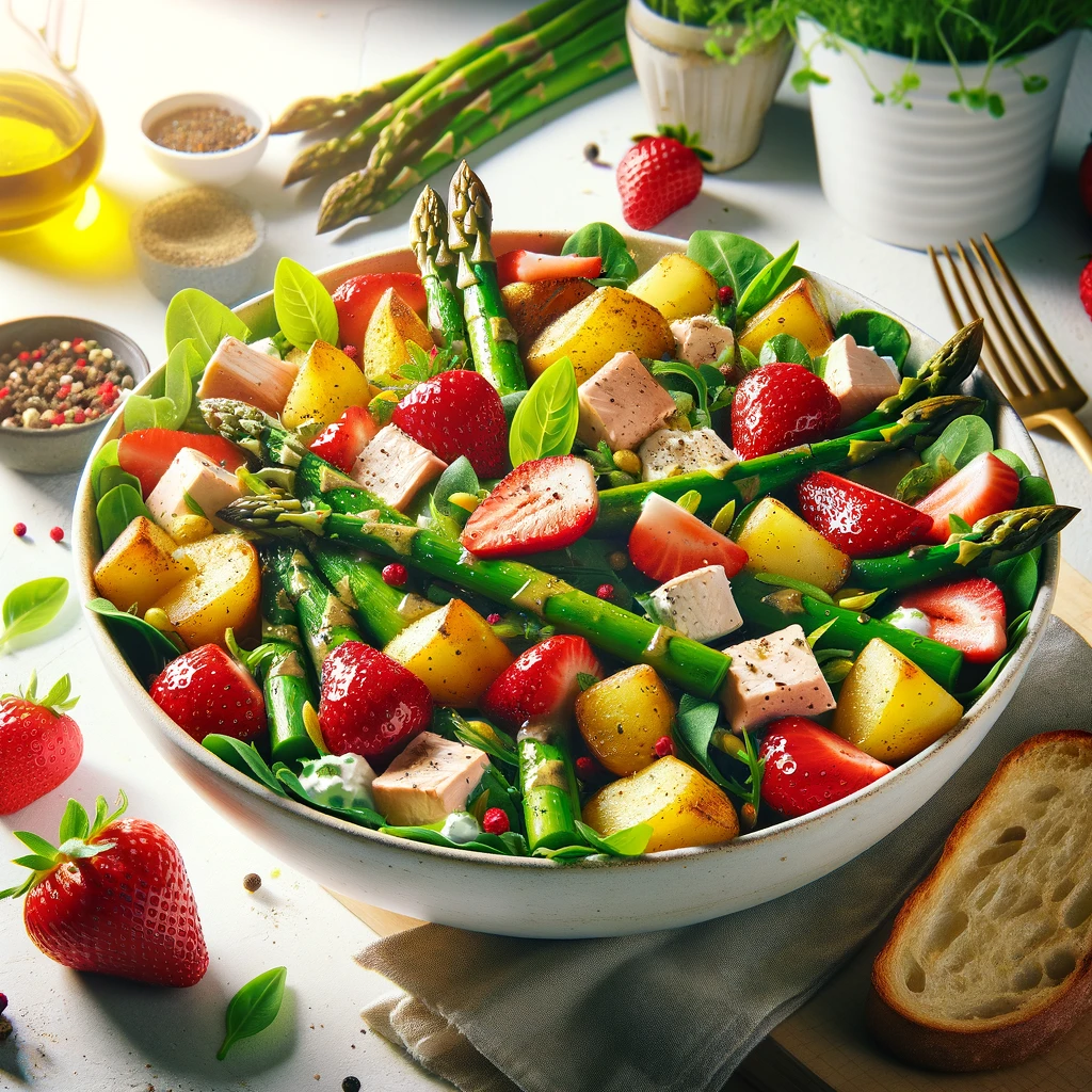 Aspergesalade met Krieltjes, Aardbeien en Gerookte Kip