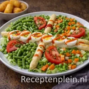 Belgische sla met witte asperges op een rustieke houten tafel.