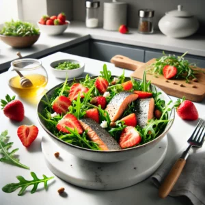 Frisse Salade van Gerookte Forel met Aardbeien en Rucola