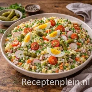 Huzarensalade rijk gevuld met aardappelblokjes, ham, groenten en romige dressing, gegarneerd met partjes ei, augurk en cherrytomaten, gepresenteerd in een brede aardewerken schaal op een rustieke houten tafel met verse kruiden en een linnen doek bij warm natuurlijk licht.