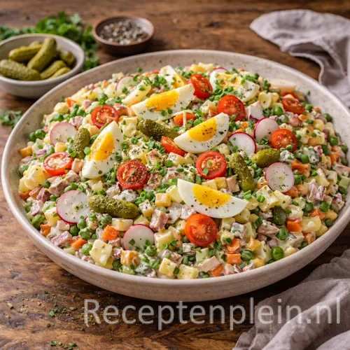 Huzarensalade rijk gevuld met aardappelblokjes, ham, groenten en romige dressing, gegarneerd met partjes ei, augurk en cherrytomaten, gepresenteerd in een brede aardewerken schaal op een rustieke houten tafel met verse kruiden en een linnen doek bij warm natuurlijk licht.