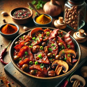 Probeer deze smaakvolle Indische kippenlevertjes met spek en champignons. Een heerlijk kruidig gerecht, perfect met rijst en een frisse komkommersalade. Materialen: Koekenpan Snijplank Mes Ingrediënten: 250 g spekreepjes 450 g kippenlevertjes 2 uien, in ringen gesneden 250 g kastanjechampignons, in plakjes gesneden 3 tenen knoflook, geperst 1 tl sambal 1 tl djahé (gemberpoeder) 1 klein pepertje, fijn gesneden 1 tl kerrie madras 3 el ketjap manis ½ bosje koriander, fijn gesneden 3 dl kippenbouillon Peper naar smaak Zout naar smaak 3 cm geraspte verse gember Bloem (om de levertjes doorheen te halen) Instructies: Kruid de kippenlevertjes royaal met peper en zout, en haal ze door de bloem. Verhit een koekenpan en bak de spekreepjes knapperig. Haal de spekjes uit de pan en zet apart. In dezelfde pan, braad de gekruide kippenlevertjes kort aan tot ze rondom bruin zijn. Haal de levertjes uit de pan en laat uitlekken. Gebruik dezelfde olie in de pan om de uienringen, champignons, knoflook, sambal, djahé, pepertje, kerrie madras, geraspte gember en ketjap manis toe te voegen. Bak alles goed door tot de uien zacht zijn en de champignons bruin beginnen te worden. Voeg de kippenlevertjes en de gebakken spekreepjes weer toe aan de pan. Giet de kippenbouillon erbij en laat het geheel 5-8 minuten sudderen, zodat de levertjes vanbinnen nog een beetje rosé blijven. Bestrooi het gerecht met fijngehakte koriander en serveer direct. Wijnadvies: Indische Kippenlevertjes met Spek en Champignons