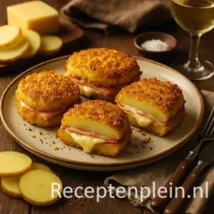 Vier goudbruine aardappel cordon bleus gevuld met ham en gesmolten kaas, geserveerd op een keramisch bord met bestek, aardappelschijfjes, kaas en een glas witte wijn op een houten tafel.