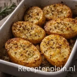 Krokante knoflook aardappelen uit de oven op een rustieke houten tafel.