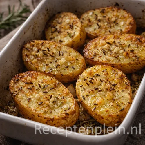 Krokante knoflook aardappelen uit de oven op een rustieke houten tafel.