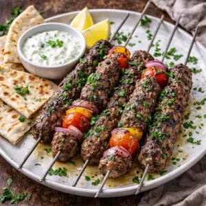 Mediterrane Sis Kebab Spiezen van Rundvlees op rustieke houten tafel