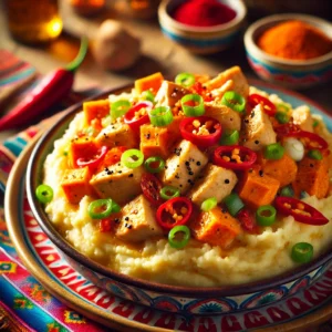 Oosterse andijviestamppot met kip en zoete aardappel, geserveerd in een kleurrijke schaal. De stamppot bevat een romige aardappelbasis, fijngesneden andijvie, stukjes gebakken kip, en zoete aardappel, gegarneerd met ringetjes rode peper en bosui. Een smaakvolle en kleurrijke maaltijd.