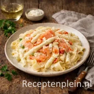 Pappardelle met zalm en witte asperges op een rustieke houten tafel