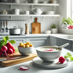Pittige Radijssoep met Crème Fraîche en Croutons