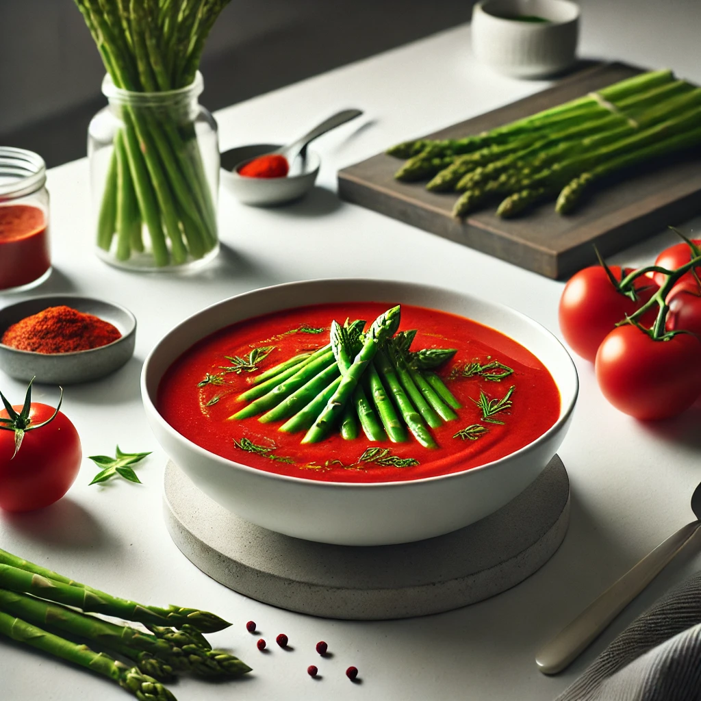 Pittige Tomatensoep met Rode Curry en Groene Asperges
