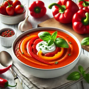 Romige Paprikasoep met Basilicum en Crème Fraîche