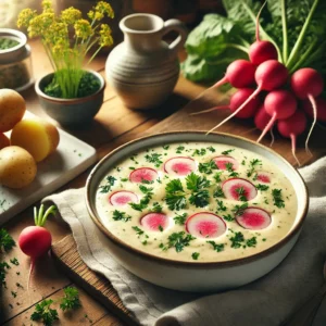 Romige Radijssoep met Aardappel en Tuinkruiden