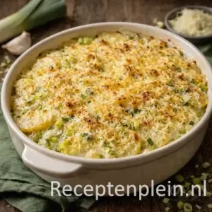 Romige aardappel preigratin met kaas uit de oven op een rustieke houten tafel.