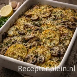 Romige aardappelen met champignons uit de oven op een rustieke houten tafel.