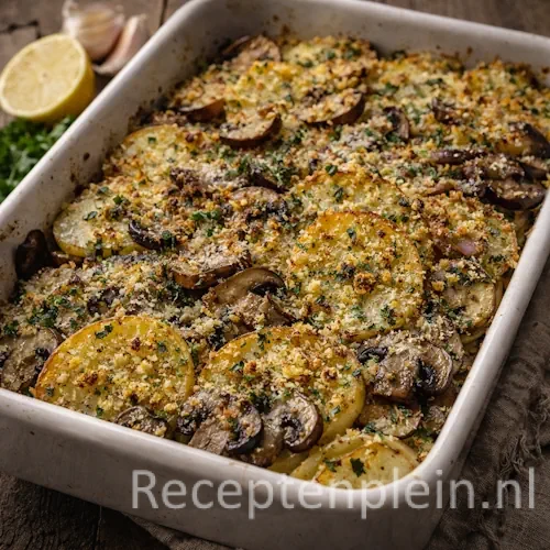 Romige aardappelen met champignons uit de oven op een rustieke houten tafel.