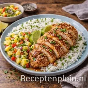 Sesamkip Hawaï met gegrilde kip in sesamkorst, geserveerd op een lichtblauw keramisch bord met witte rijst en frisse ananassalsa, geplaatst op een rustieke houten tafel met limoenpartjes, lente-ui en een linnen doek bij warm natuurlijk licht.