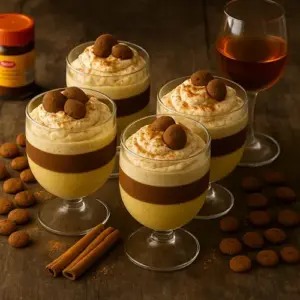 Realistische foto van Sinterklaas vla met laagjes vanille- en chocoladevla, slagroom met speculaaskruiden en pepernoten, geserveerd in glazen op een rustieke eikenhouten tafel met kruidnoten, kaneelstokjes en een glas Muscat-wijn ernaast.