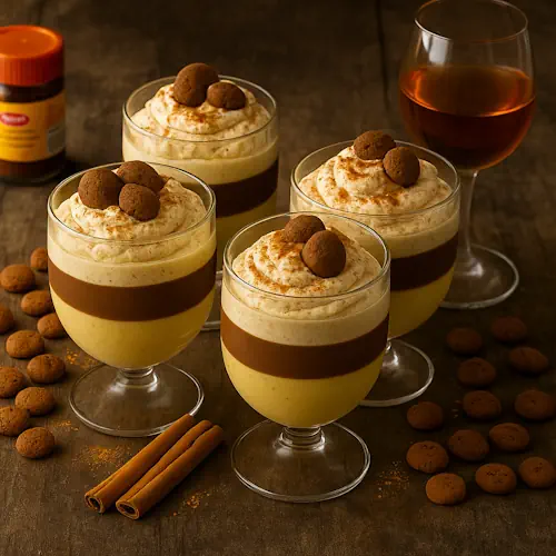 Realistische foto van Sinterklaas vla met laagjes vanille- en chocoladevla, slagroom met speculaaskruiden en pepernoten, geserveerd in glazen op een rustieke eikenhouten tafel met kruidnoten, kaneelstokjes en een glas Muscat-wijn ernaast.