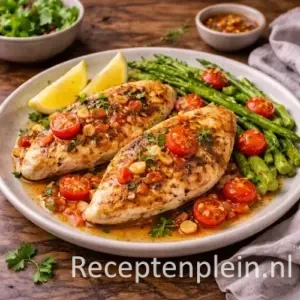 Snelle kipfilet met goudbruin gebakken kipfilets en groene asperges op een groot beige keramisch bord, geserveerd op een rustieke houten tafel met cherrytomaten, citroenpartjes, verse kruiden en een linnen doek bij warm natuurlijk licht.