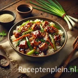 Soya fan met rijst, kip en sojasaus in kom op houten tafel.