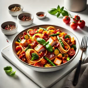 Spaghetti met Kip, Spek en Groenten in Tomatensaus