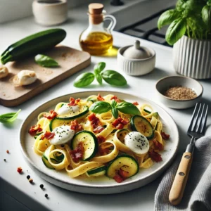 Tagliatelle met Spekjes, Courgette en Mozzarella