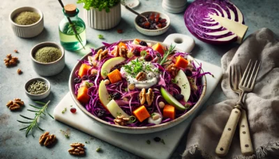 Verfrissende Rode Kool Salade met Zoete Aardappel en Walnoten
