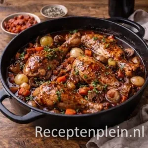 Coq au vin van haantjes met langzaam gestoofde kip in een rijke rodewijnsaus met champignons, wortel en zilveruitjes, geserveerd in een robuuste gietijzeren braadpan op een rustieke houten tafel met verse tijm en een linnen doek bij warm natuurlijk licht.