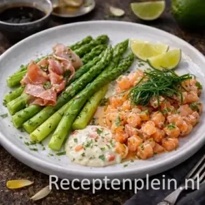 Duo van gemarineerde asperges en zalm op een rustieke houten tafel.