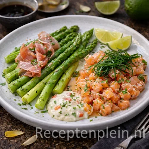 Duo van gemarineerde asperges en zalm op een rustieke houten tafel.