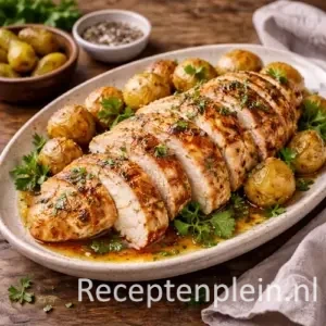 Filet van hoevekip met goudbruin gegrilde kipfilet en geroosterde krielaardappelen op een ovale keramische schaal, geserveerd op een rustieke houten tafel met verse peterselie, grove peper en een linnen doek bij warm natuurlijk licht.