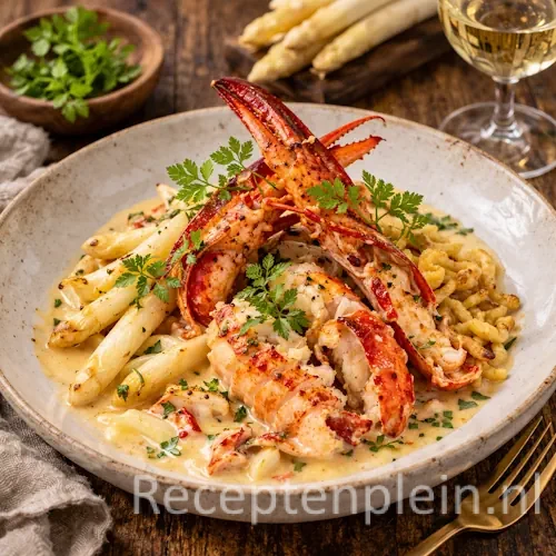Fricassee van Kreeft met Gesauteerde Asperges op rustieke houten tafel