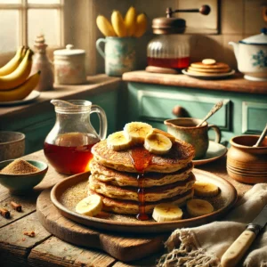 Een warme en gezellige foto van een stapel goudbruine havermoutpannenkoeken, geserveerd op een rustiek bord. De pannenkoeken zijn gegarneerd met verse plakjes banaan, een drizzle van ahornsiroop en een vleugje kaneel. De setting toont een vintage keuken met houten werkbladen, pastelgroene en blauwe kastjes en zacht natuurlijk licht dat door een raam valt. Details zoals een potje ahornsiroop, een schaal met vers fruit en een rustieke servet versterken de uitnodigende ontbijtsfeer.