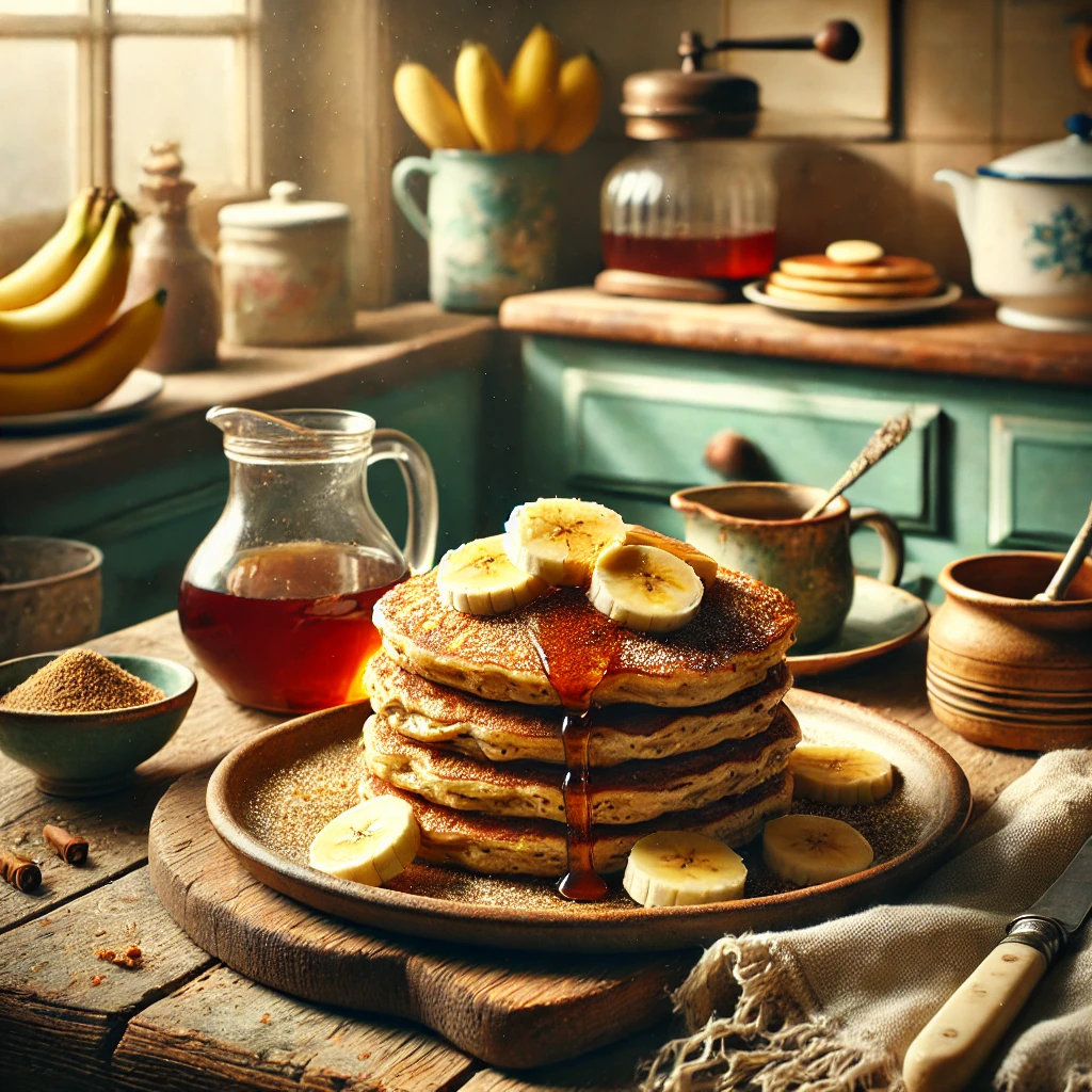 Een warme en gezellige foto van een stapel goudbruine havermoutpannenkoeken, geserveerd op een rustiek bord. De pannenkoeken zijn gegarneerd met verse plakjes banaan, een drizzle van ahornsiroop en een vleugje kaneel. De setting toont een vintage keuken met houten werkbladen, pastelgroene en blauwe kastjes en zacht natuurlijk licht dat door een raam valt. Details zoals een potje ahornsiroop, een schaal met vers fruit en een rustieke servet versterken de uitnodigende ontbijtsfeer.