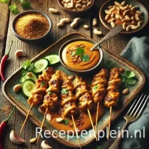 Heerlijke saté met pindasaus op rustieke houten tafel