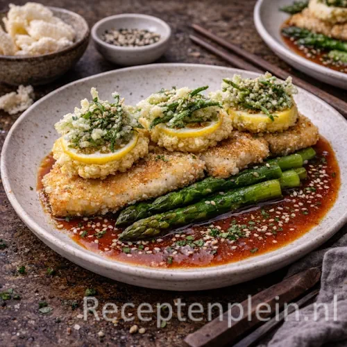 Knapperige grietfilet met omelet en asperges op een rustieke houten tafel.
